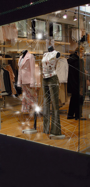 A clothing store front with smash-proof glass.