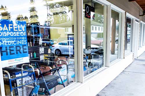 A pharmacy with smash-proof glass.