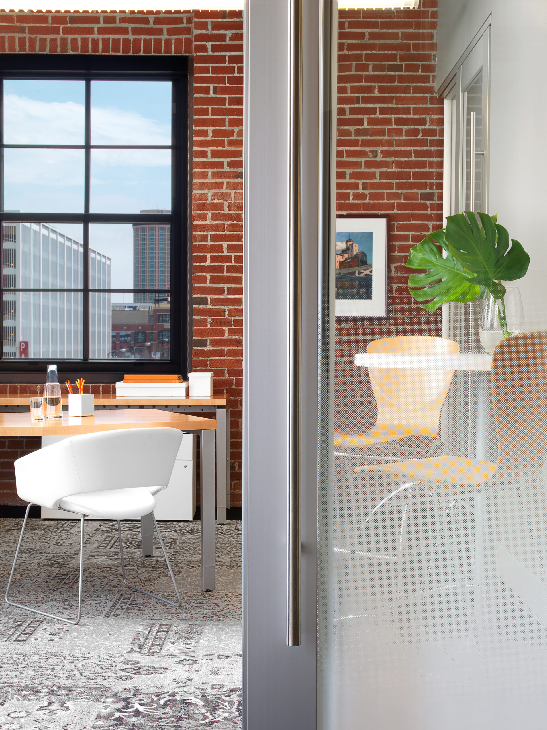 An office with gradient-shaded tinted windows.