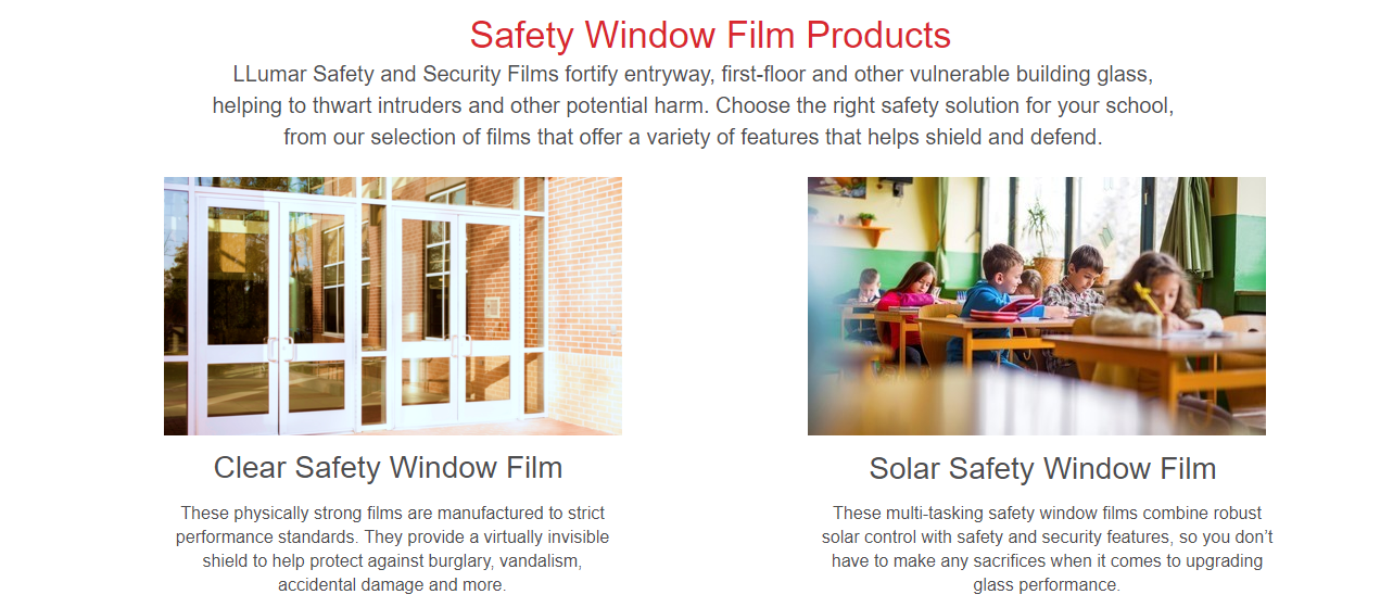 LLumar Safety and Security advertisement shocasing Clear Safety Window Film and Solar Safety Window Film