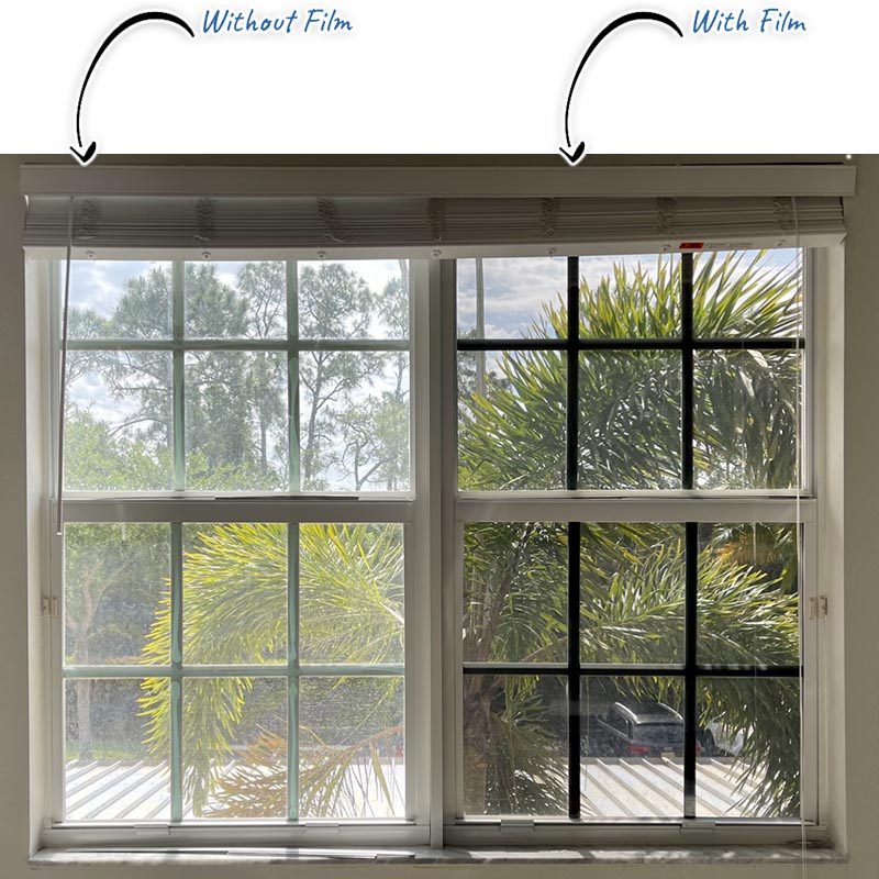 Two windows side-by side. Left side has no film, and bright glare, while the Right side has film and is blocking glare, making it clearer to look through.